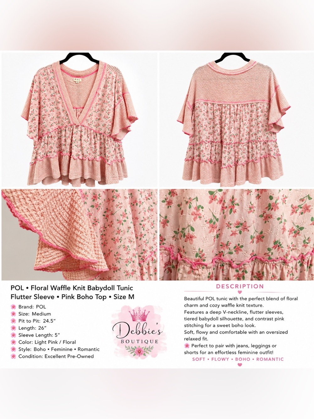 NEW POL Floral Waffle Knit Babydoll Tunic Pink Boho Flutter Sleeve Top M - Picture 5 of 6